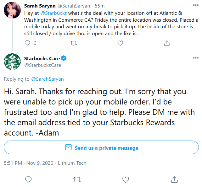 Twitter complaint about starbucks and the comapny resolves customer complaints.