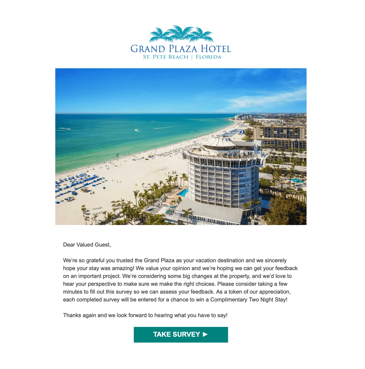 A Grand Plaza Hotel email with a survey embedded