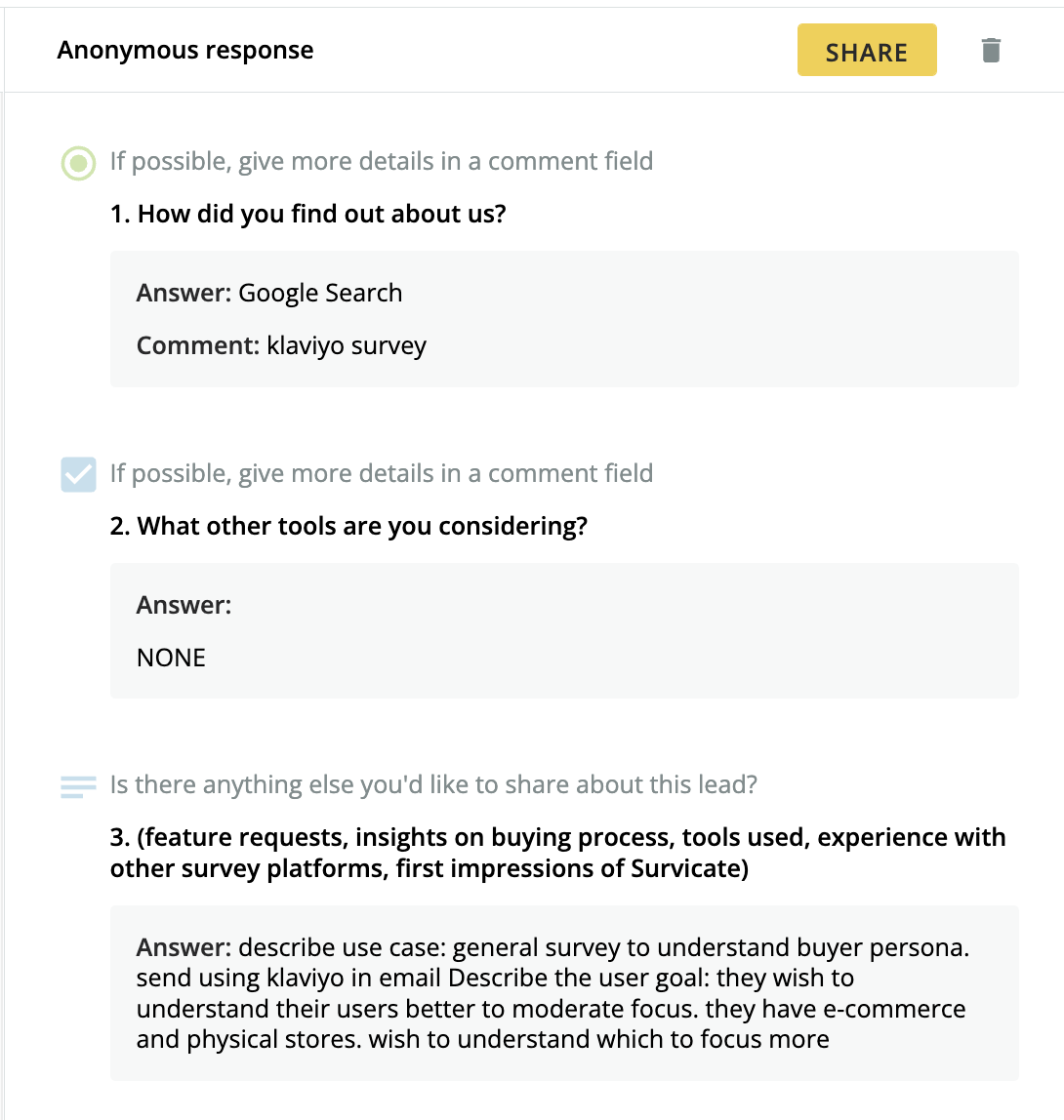 Survicate answer breakdown by respondent