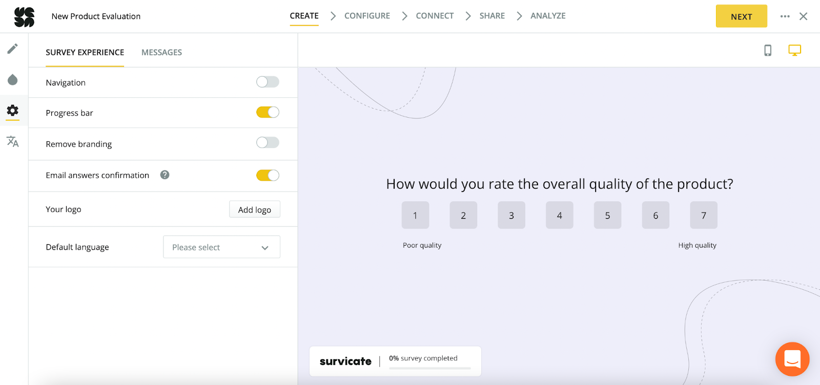 customer satisfaction tools listicle: Survicate's New Product Evaluation survey builder